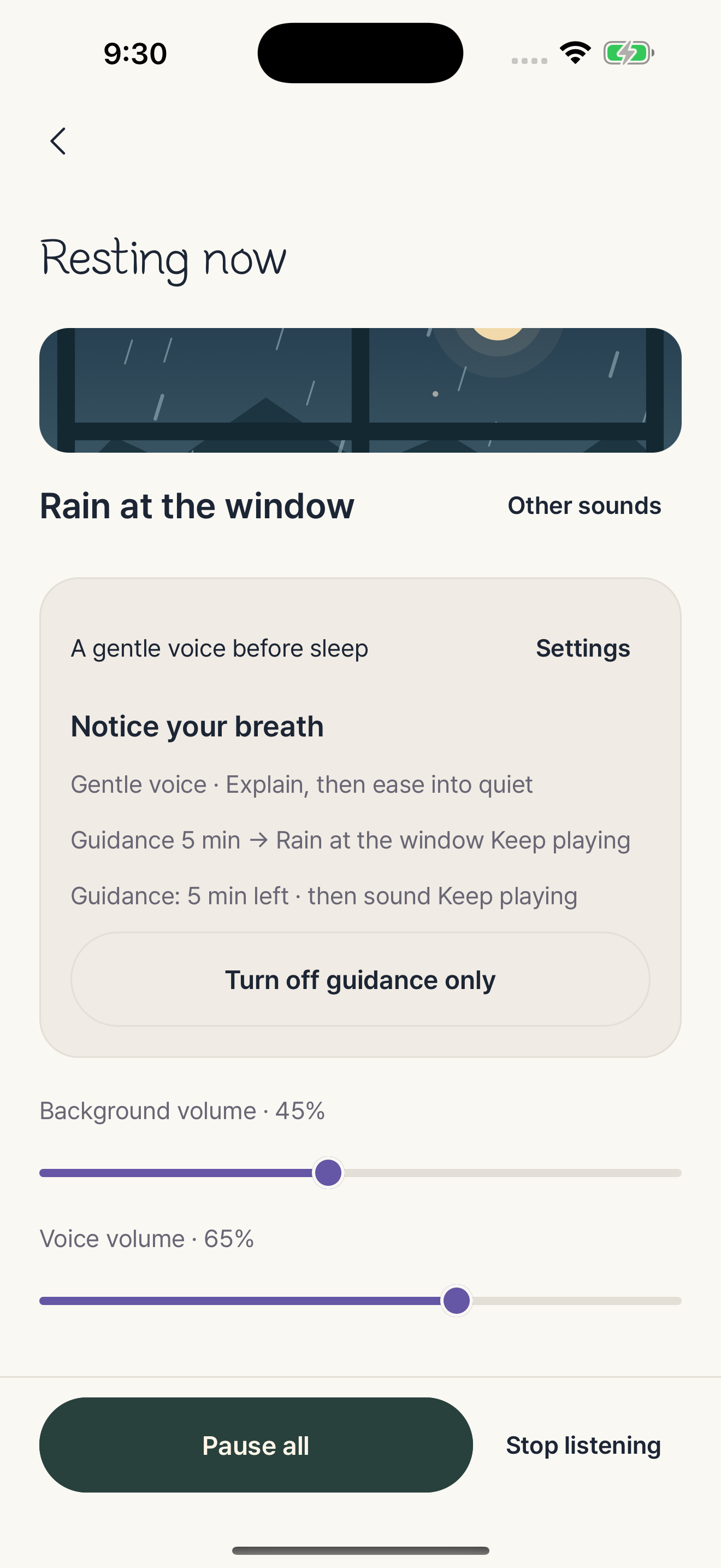 The actual Rest player with rain, breathing guidance and separate volume controls