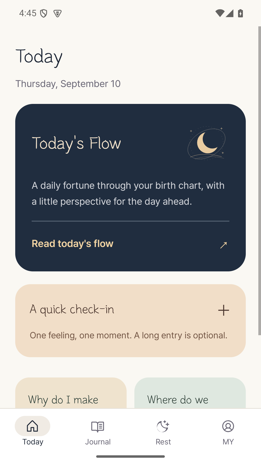 Moonlight Story’s English Today screen with a daily birth-chart story and a mood check-in
